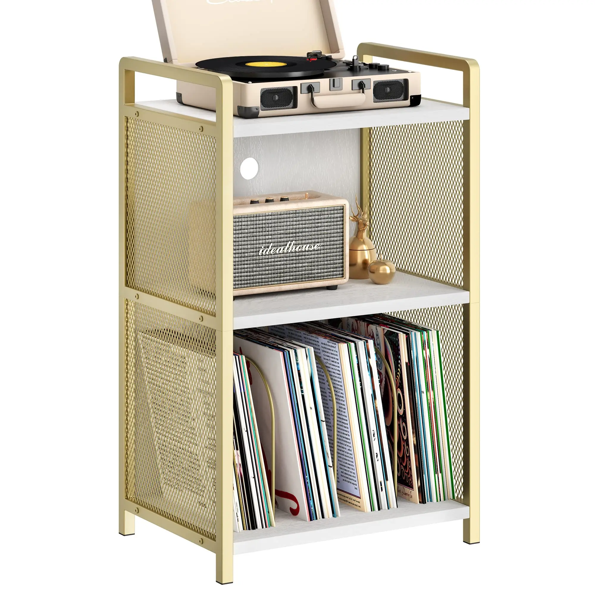 Gold Record Player Stand Metal Turntable Stand With 3 Tier Storage Golden Vinyl Bedside End Table Nightstand For Living Room Bedroom Office