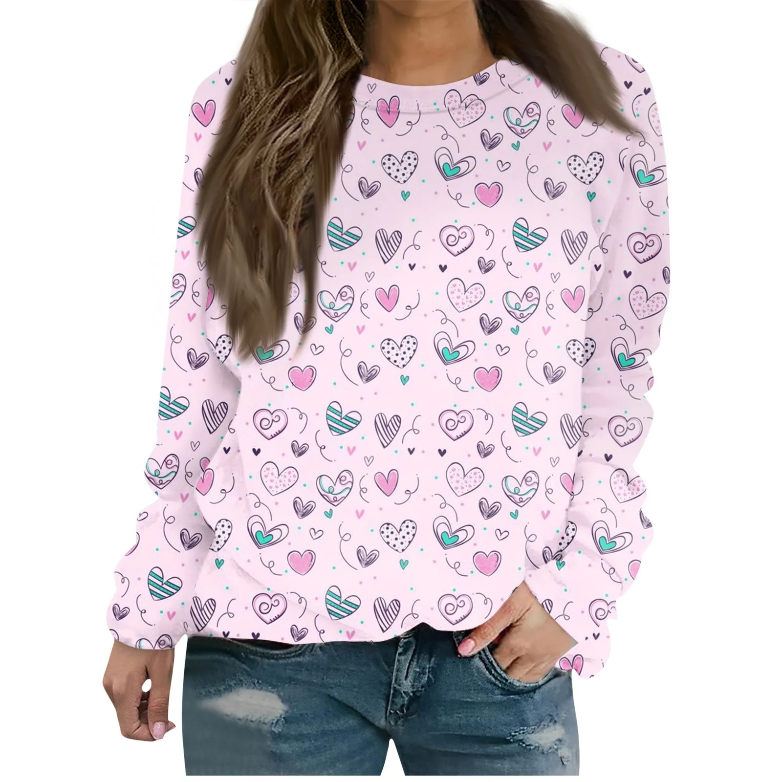 قطع علوية برقبة مستديرة للنساء ، قطع علوية بأكمام طويلة ، بلوفرات مطبوعة الحب ، تي شيرت عادية أحادية اللون ، غير رسمي وعصري ، عيد الحب