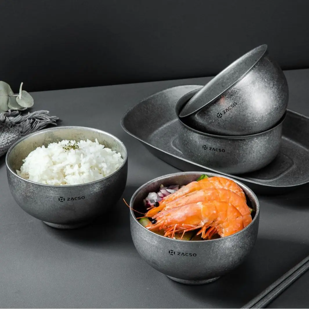 Snow Grey Retro Bowl 304 Satinless Steel Rice Soup Bowls Set Industrial Old Tableware Insulated Double Layer Friut Dishes