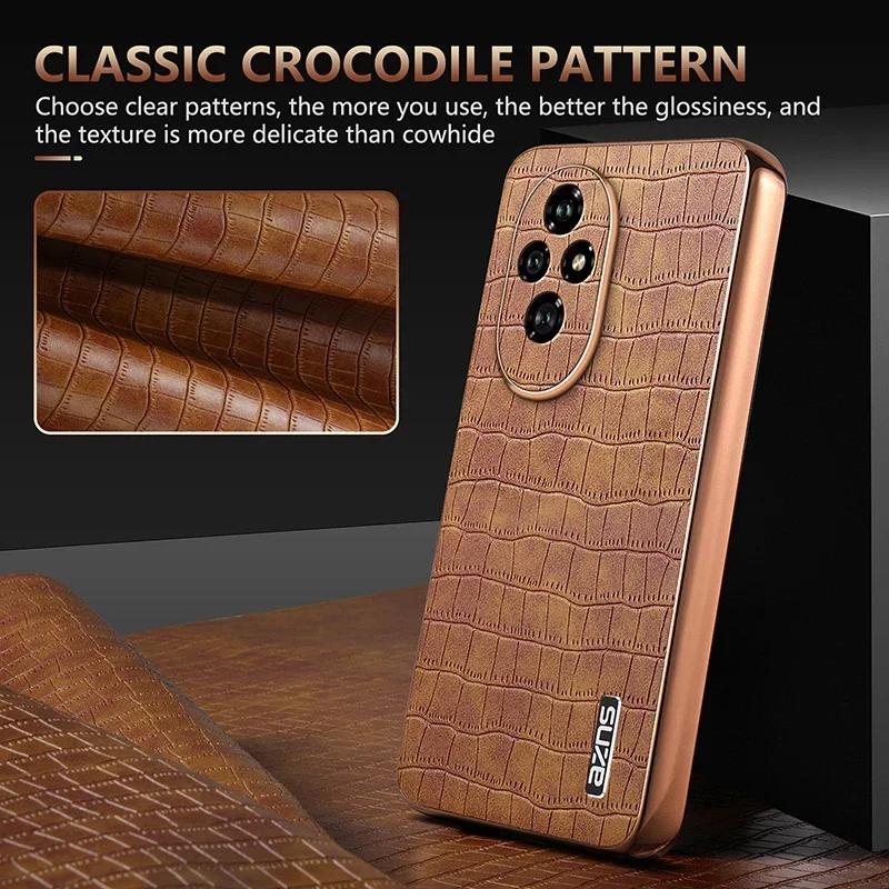 Luxury Crocodile Pattern Leather Phone Case for Honor 90 100 200 Pro Lens Protective Shockproof Soft Back Cover