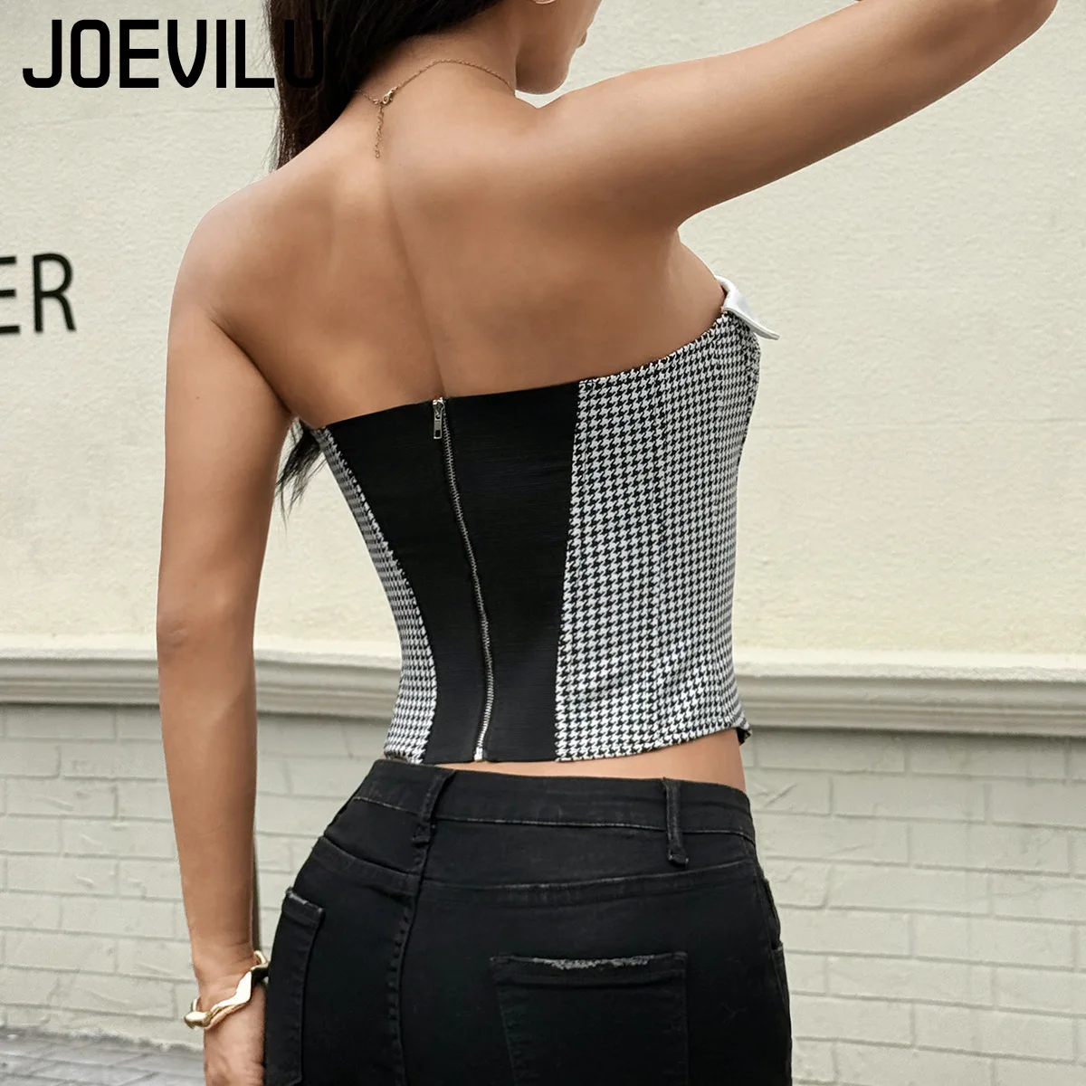 Women's Slimming Black White Checkered Corset Tube Top Y2k Retro Fashion European Style Figure Flattering Sexy Bustier Vest Tees