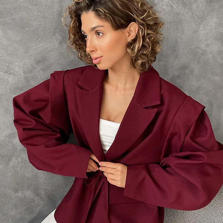 

KIDCRKJ Весенний стильный женский блейзер-костюм, однотонный, с отложным воротником, на шнуровке, для женщин, с подплечниками, шикарная верхняя одежда