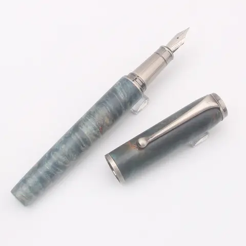 High End A10 donkerblauw bruin gestabiliseerde houten vulpen - luxe nr. 6 fijne penpunt handgemaakte schrijfinktpen met converter