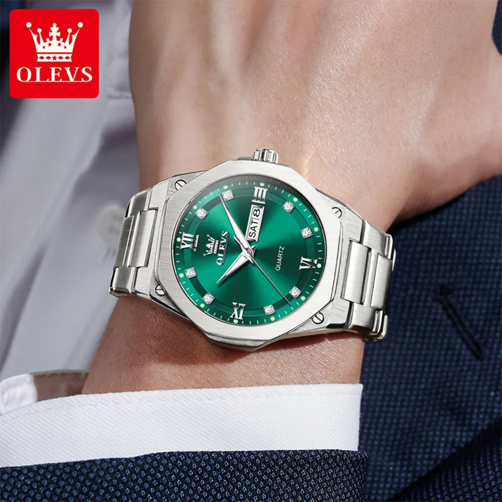 OLEVS Original Mens Watches Octagonal Luxury Stainless Steel Dress Watches for Men Quartz Analog Large Face Relojes para Hombres