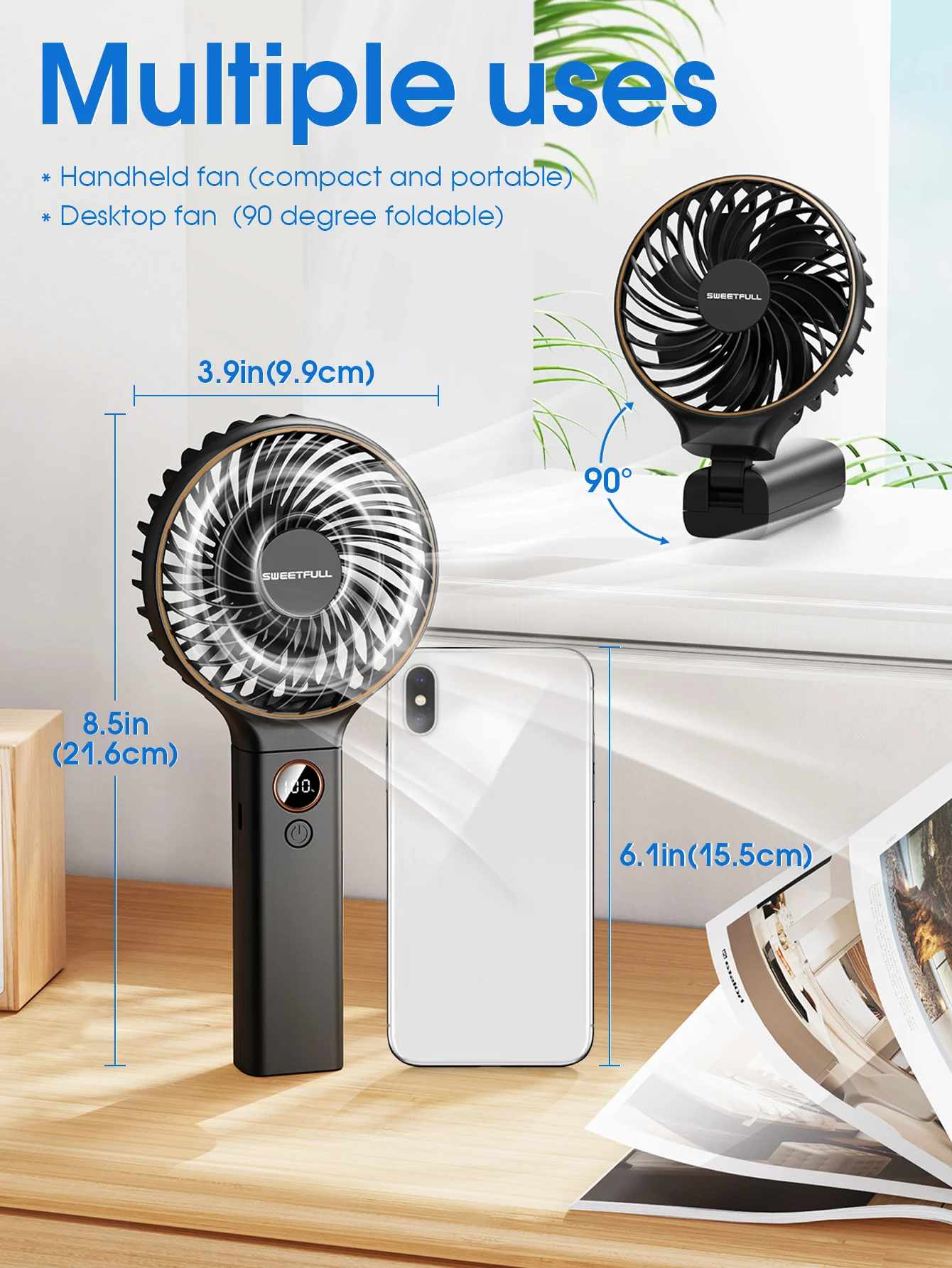 4000mAh Handheld Fan USB Rechargeable Foldable Mini Fan with 6-Speed Adjustable Portable Cooling Fan for Travel Office Outdoor