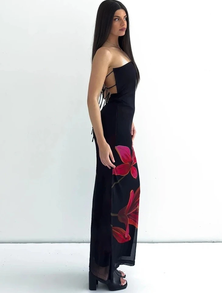 Sleeveless Flower Print Tube Bodycon Midi Dress Backless Lace Up Elegant Sexy Outfit  Autumn Winter