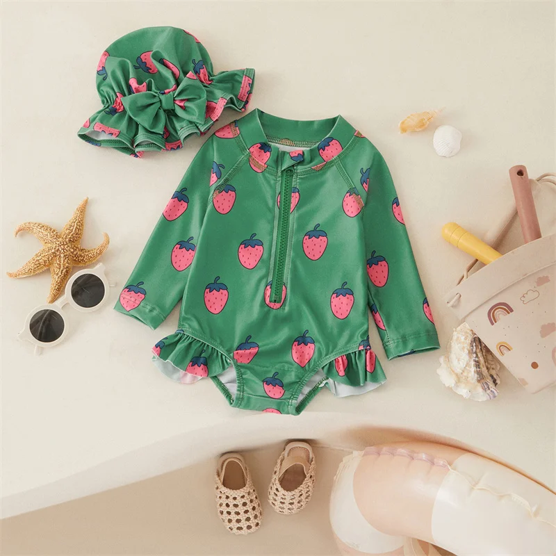 Tregren Toddler Baby Girl Rash Guard Strawberry Print Swimsuit Long Sleeve Ruffle Swimwear Zipper Bathing Suit with Swimming Cap