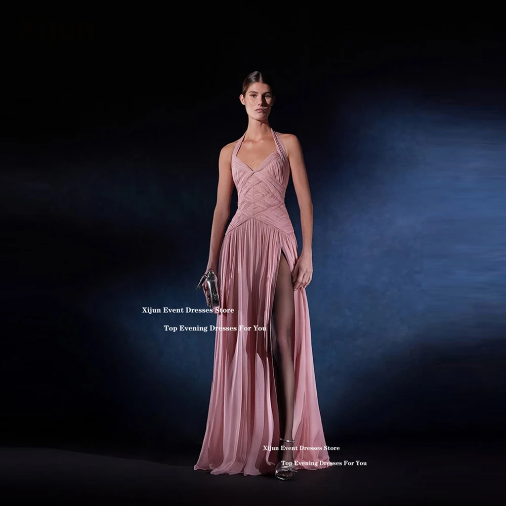 Xijun Modern Chiffon Pink Evening Dresses Halter Neck Sleeveless Long Prom Dresses Saudi Arabric Formal Prom Gowns Customized