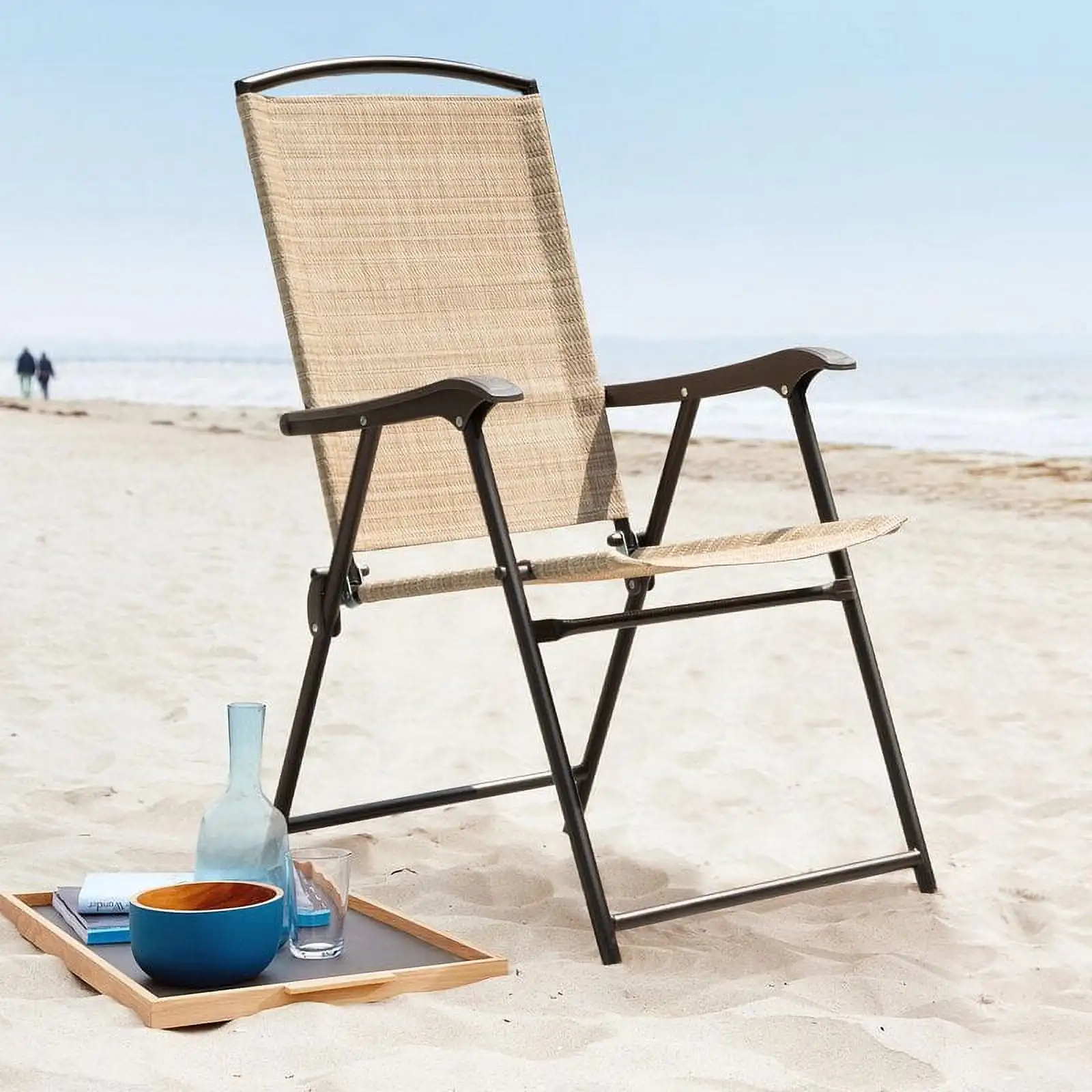 2개 조각 파티오 접이식 의자 야외 의자 Textilene 가구 의자 세트, 베이지