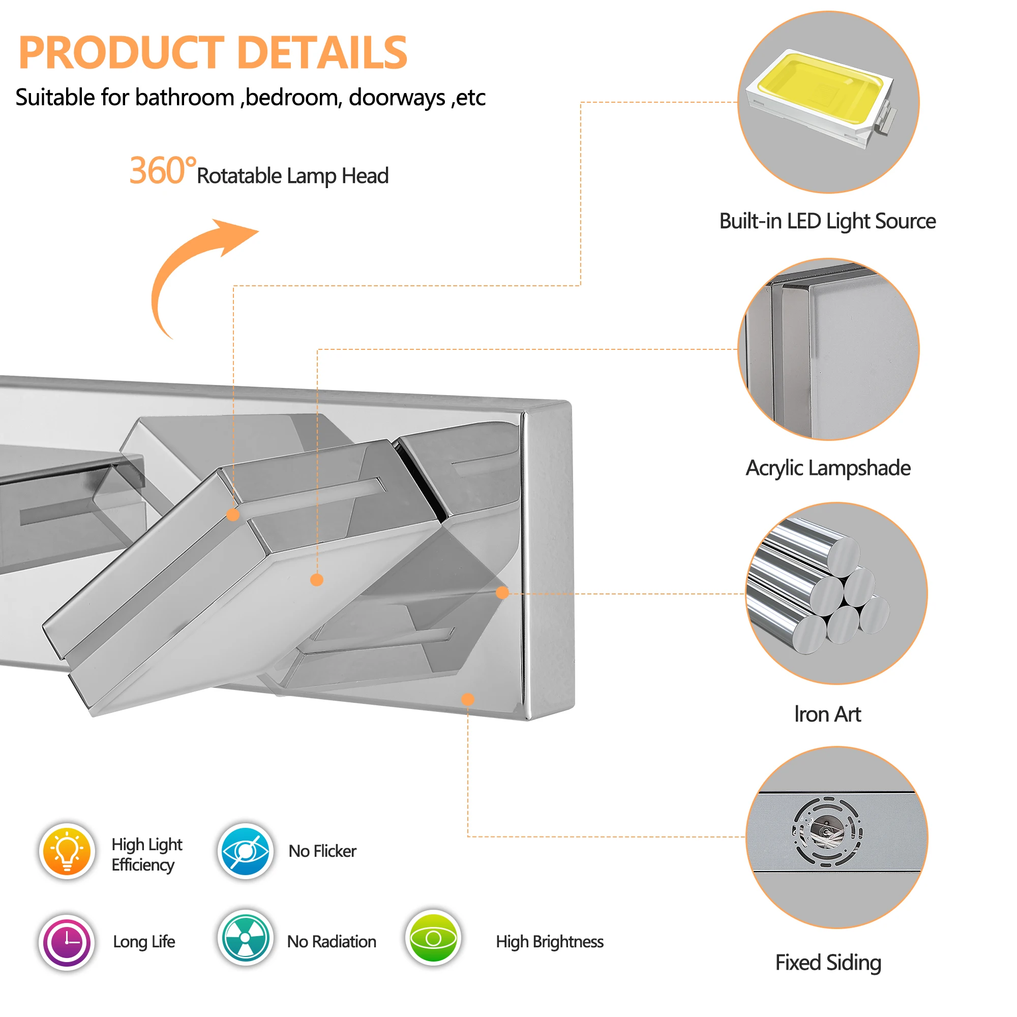 현대적인 크롬 도금 LED 화장대 조명, 욕실 및 거울용 5등 벽 조명, 세련된 미니멀리스트 디자인, 에너지 효율적