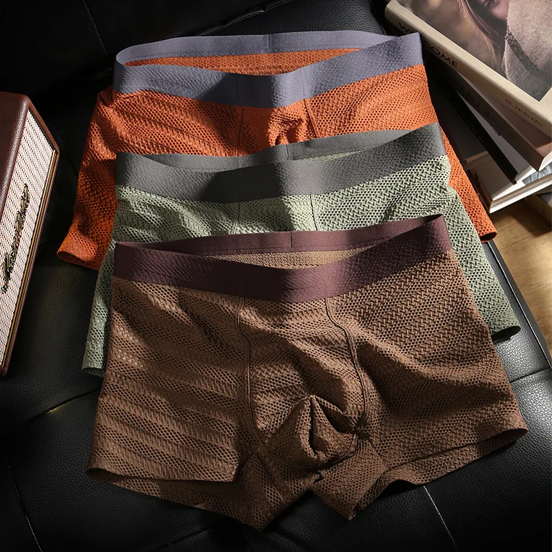 

3pcs Men Summer Underwear Mesh Seamless Jacquard Boxer Breathable Simple Solid Color Bodysuit Sports Under Panties for Man