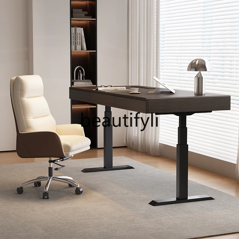 

Italian minimalist intelligent electric lifting desk modern dual motor study solid wood computer work desk