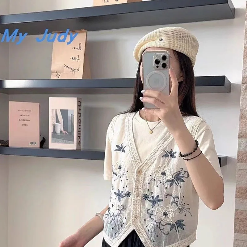 Boring Honey Fashion Embroidered Crocheted V-Neck Vest Women's Summer Hollow Out Sleeveless Blouse New Flowers Top Women