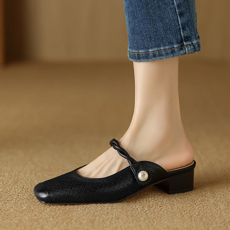 Woman Mules Square Toe Flats Sheepskin Concise Comfortable Casual Flats Spring Summer Elegant Ladies Black Beige Mullers