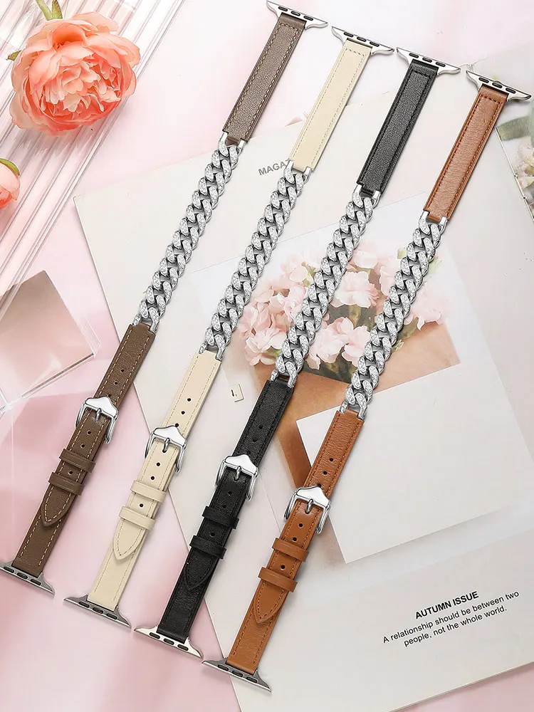 

Genuine Leather strap for Apple Watch Band 44mm 45mm 40mm-41mm women Diamond Double tour Bracelet series 8 7 SE 6 5 4 Ultra 49mm