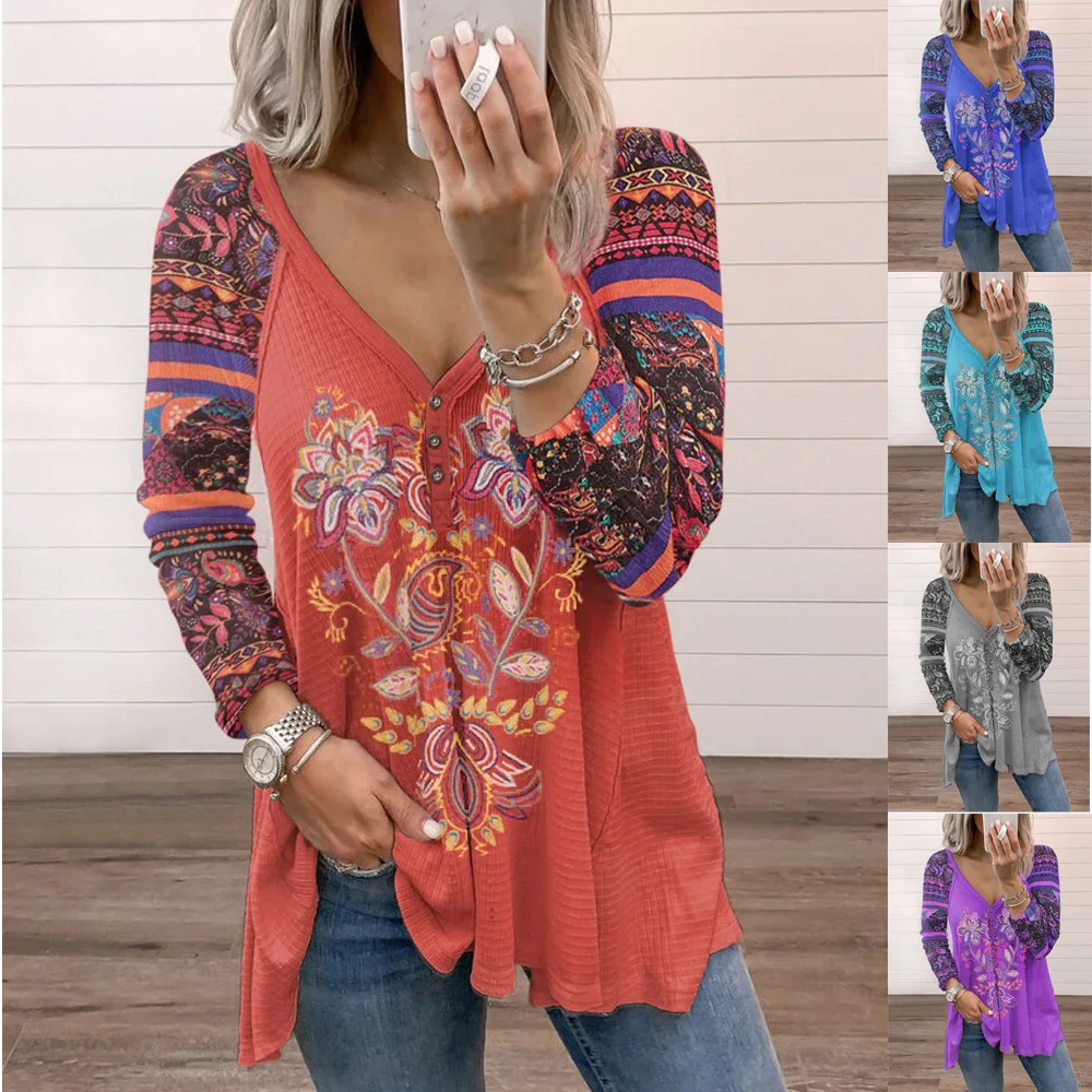 

Spring Women's T-shirt Long-sleeved V-neck Fashion Loose Printed Pullover Top Casual Autumn Street Versatile Basic Tees