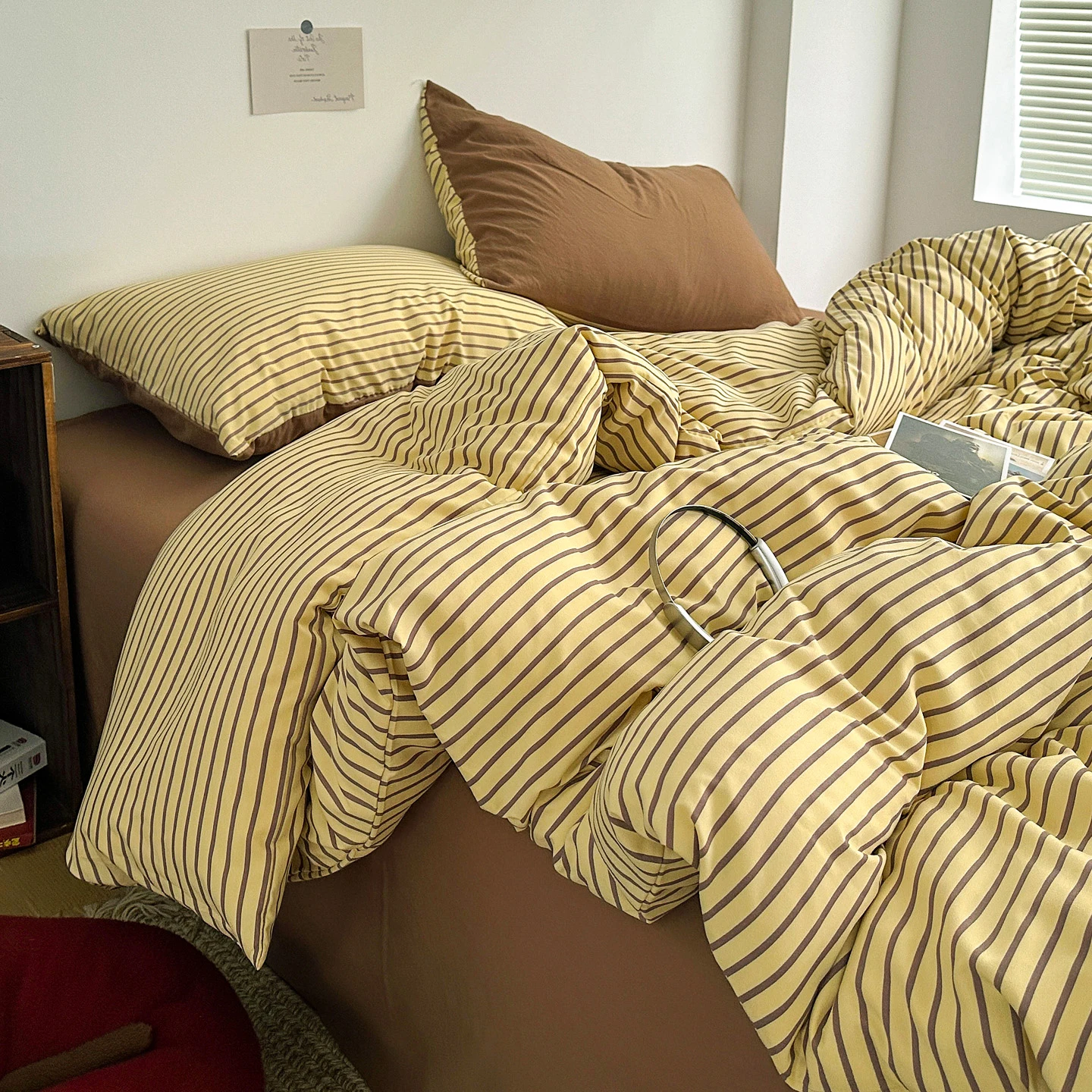 Yellow‑Brown Stripe Bedding Set 3‑Piece,1 Duvet Cover and 2 Pillowcases,Soft Breathable Skin‑friendly Wrinkle‑Resistant Durable