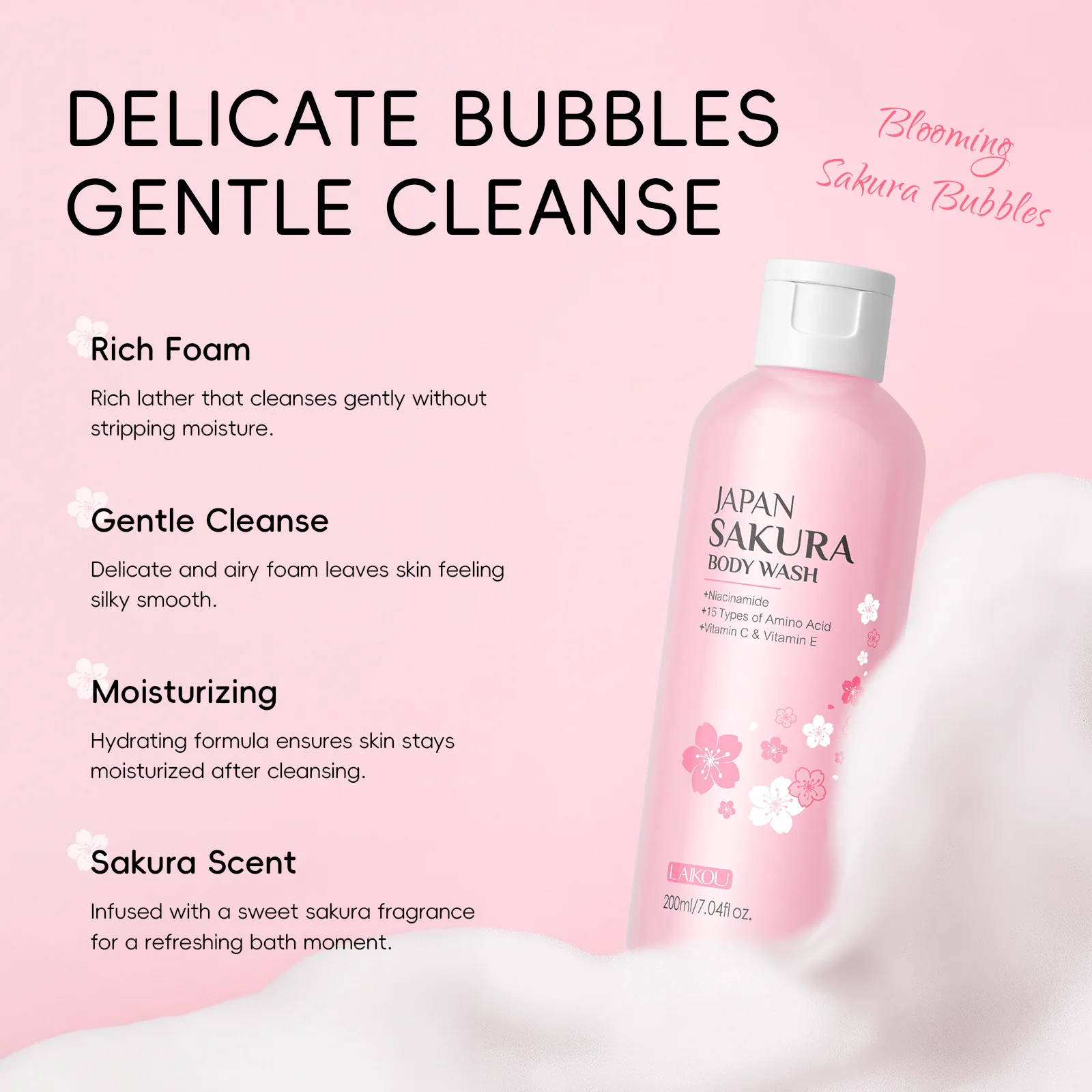LAIKOU Sakura Shower Gel Long Moisturizing Smooth Long Lasting Fragrance Gentle Foam Body Cleansing Bath Product 100ml