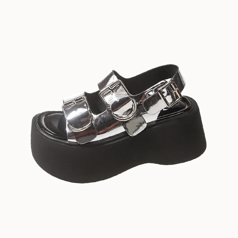 7CM Thick Platform Open Toe Sandals Women 2024 Summer New Fashion Female Metal Silver Belt Buckle A Word Roman Sandals Women