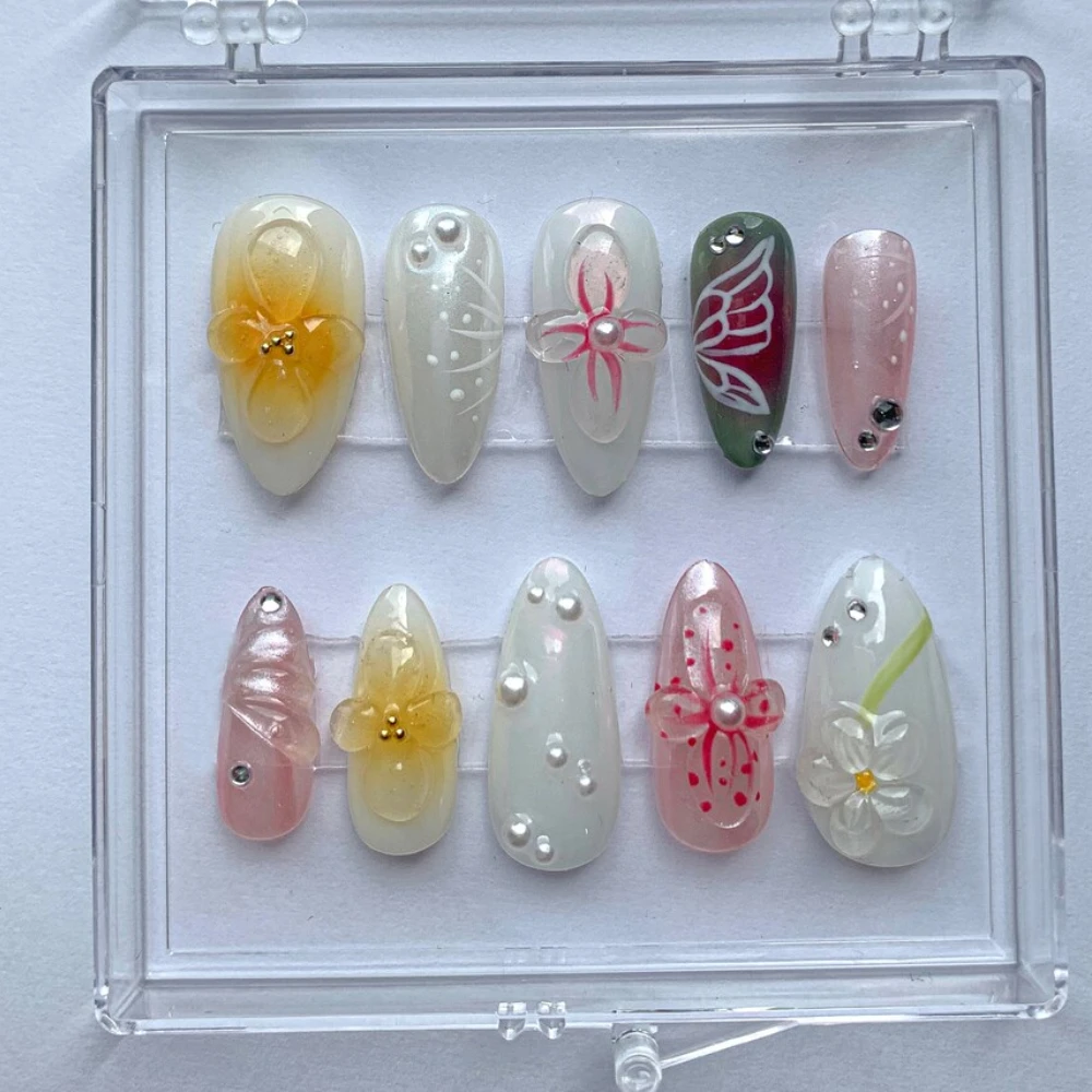 

10Pcs Handmade Manicure Medium 3D Flower Almond Fake Nails New Limited Press On Nails with Design Adhesive Nail File Set