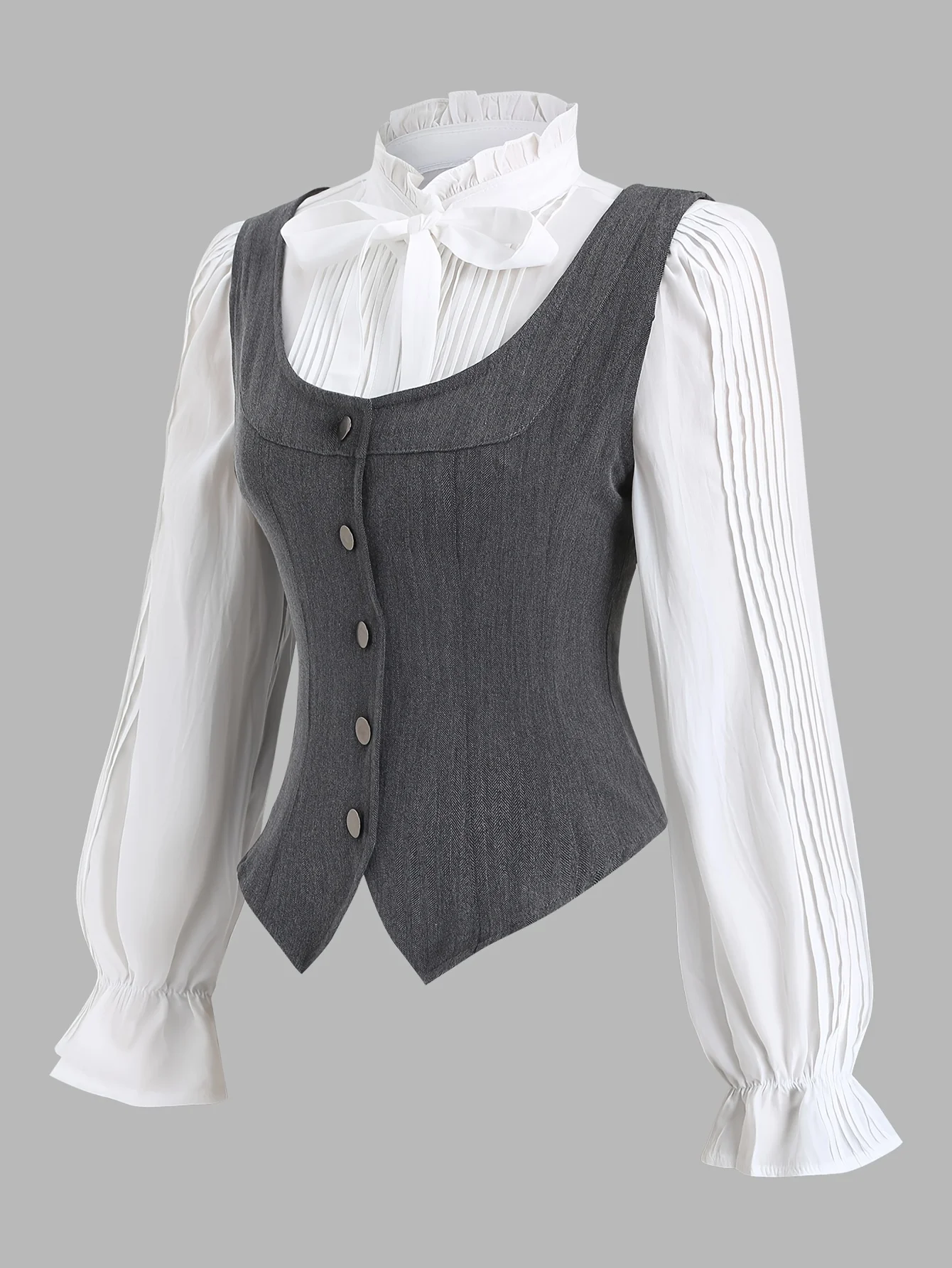 La nuova collezione Primavera/Estate 2025 presenta un gilet versatile in tinta unita con collo quadrato e un gilet artistico retrò