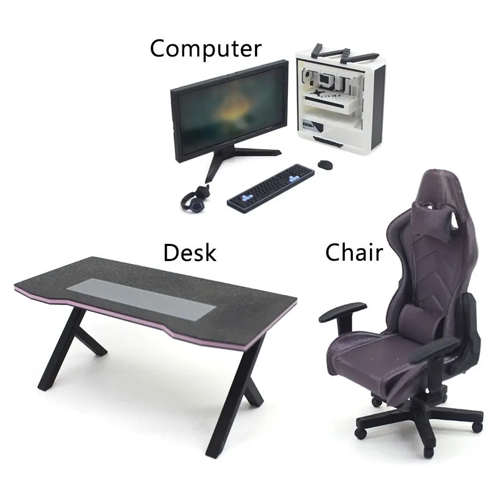 Kit de jogo esportivo para casa de bonecas, modelo de cena, adereços para fotos, computador em miniatura, cadeira de mesa, preto e branco, móveis para casa, 1/12