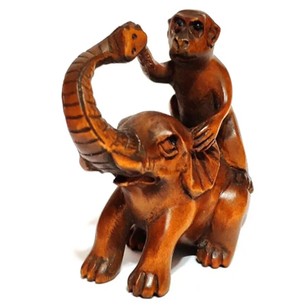 Y124, 2 INCH Japanese Boxwood Hand Carved Netsuke Sculpture Miniature : Monkey Taxi Elephant