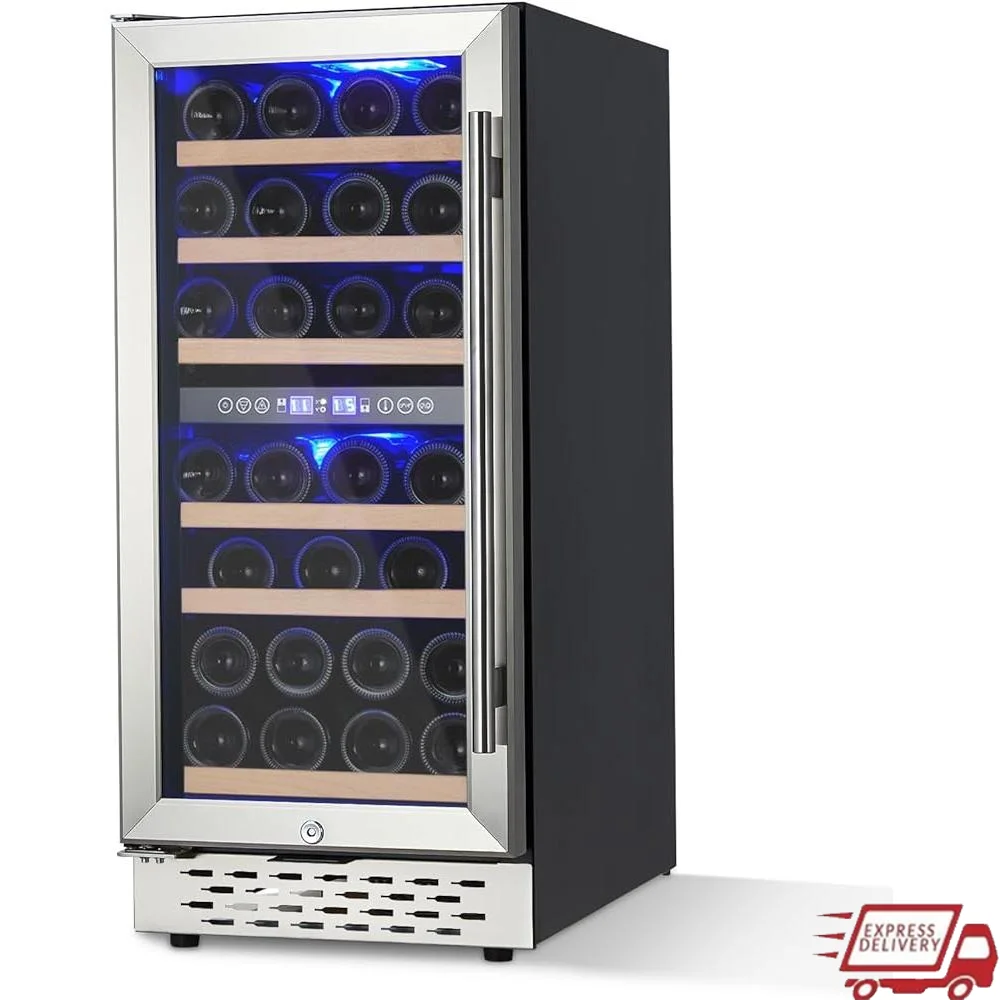 ثلاجة نبيذ صغيرة تحكم مزدوج في درجة الحرارة 28 زجاجة قائمة بذاتها مبرد نبيذ مدمج شاشة LED ضاغط موفر للطاقة