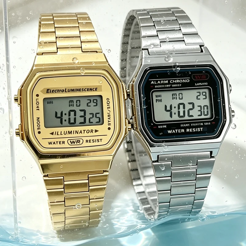 Retro Classic F91W Stainless Steel Digital Watch Unisex LED Electronic Wrist Watch Gold Silver Luxury Business Fashion Gift