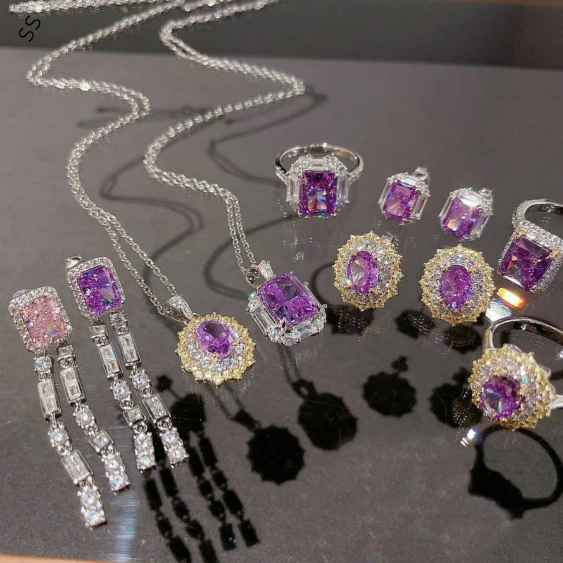 Fashion Jewelry Suit Purple Gemstone Necklace Earring Ring Sets Accessory for Female Dresses Decoration S925 Silver Light Luxury