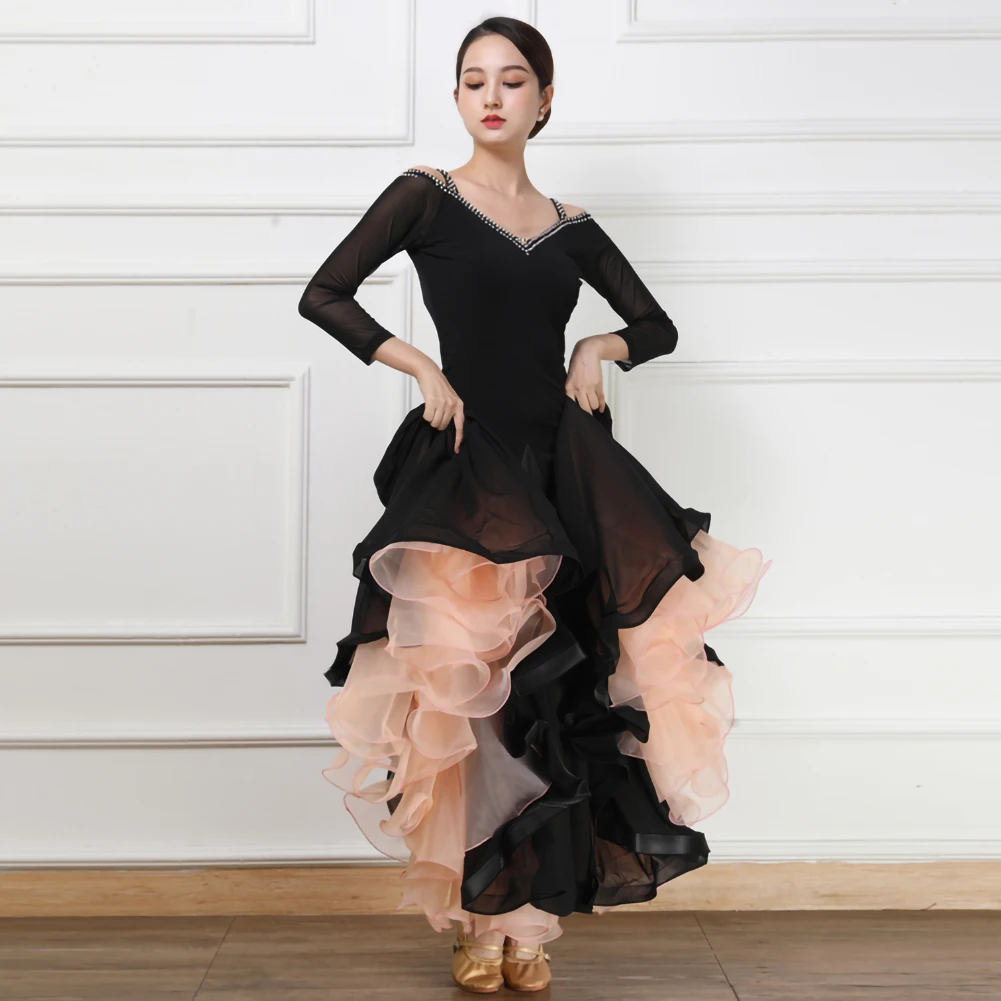표준 댄스 드레스 경연 대회 검은 긴 소매 왈츠 드레스 고품질 대형 스커트 핑크 v 넥 볼룸