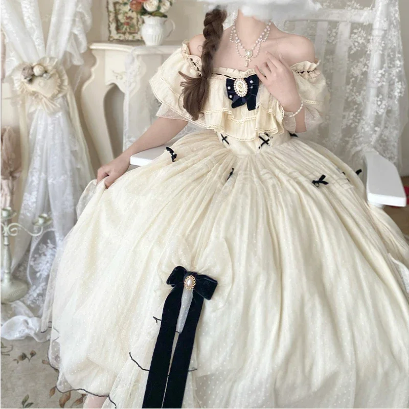 

Vintage Elegant Lolita Dress Women 2023 Sweet Bow High Waist Fairy Party Dresses Summer Cosplay Costumes French Princess Dresses