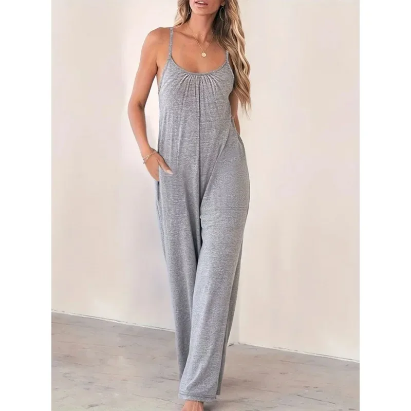 

European and American Style Camisole Jumpsuit for Women, Summer New Cross-Border Solid Color Pocket Casual Jumpsuit