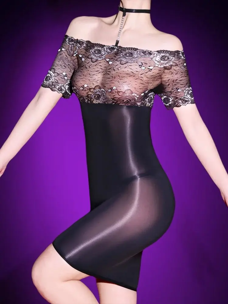 Krótki rękaw, koronkowe wstawki, błyszcząca, seksowna sukienka, transparentna vestido, nylonowe body, rajstopy, zestaw, mini spódniczka, odzież klubowa