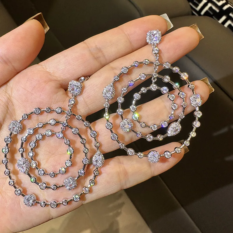 Women Light luxury zircon hoop set with diamonds S925 silver pin earrings with super shimmering diamond circles