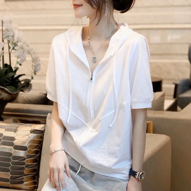 칭다오 브랜드 한국 슬레 여성 티셔츠 또는 스웨트셔츠 루즈핏 순면 화이트 탑 여름 캐주얼 웨어 출퇴근 패션