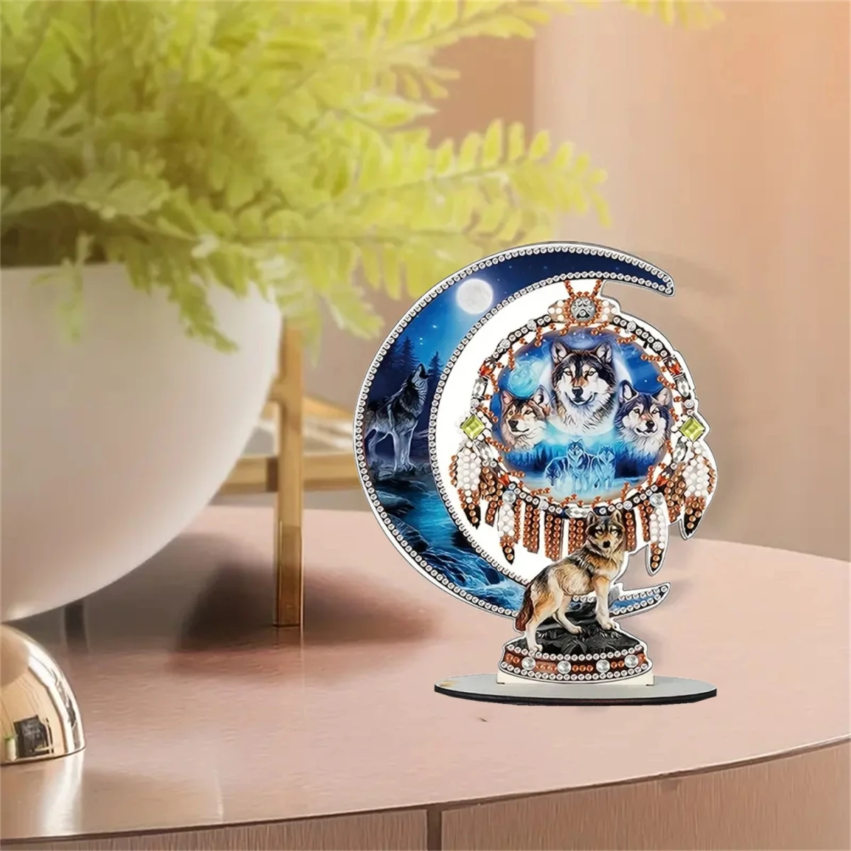 A Wolf pattern diamond painting single-sided wooden desktop decoration, suitable for bedrooms and living rooms