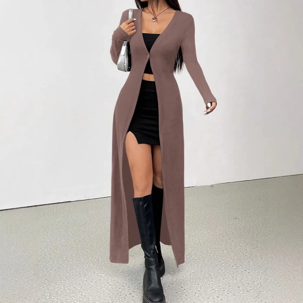 European American Women New Solid Color Single Button Long Knit Cardigan Street Daily Casual Outerwear