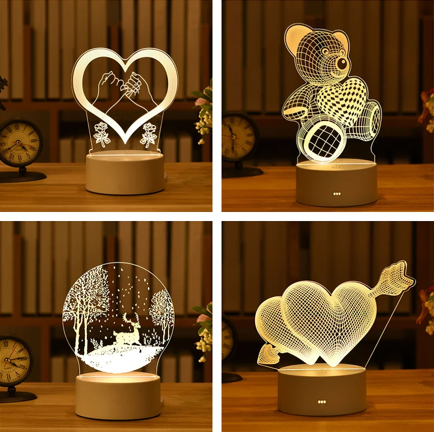 2022 Valentines Day Gift 3D Love Lamp Acrylic Bear Rose LED Night Light Kids Birthday Gift Rabbit Easter Deco Wedding Decoration