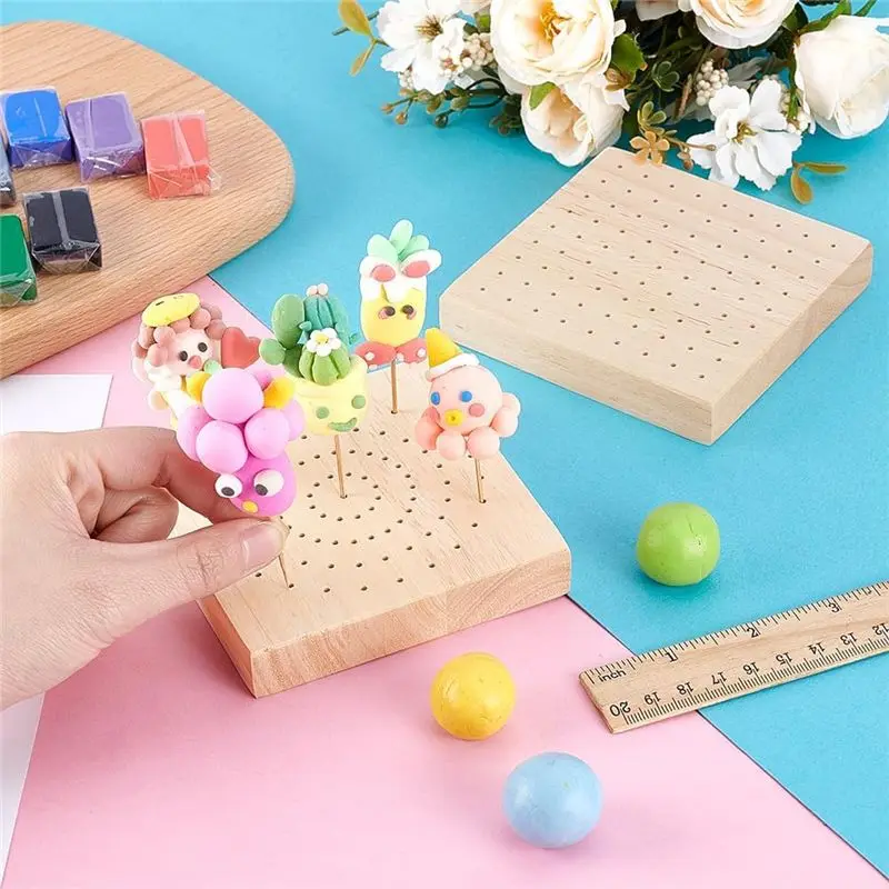 B84B Mini Wooden Skewer Holder Stand 2Pcs 3.9x3.9 Inch Square Pick Display Board 160 Holes for Craft Pottery Clay Model