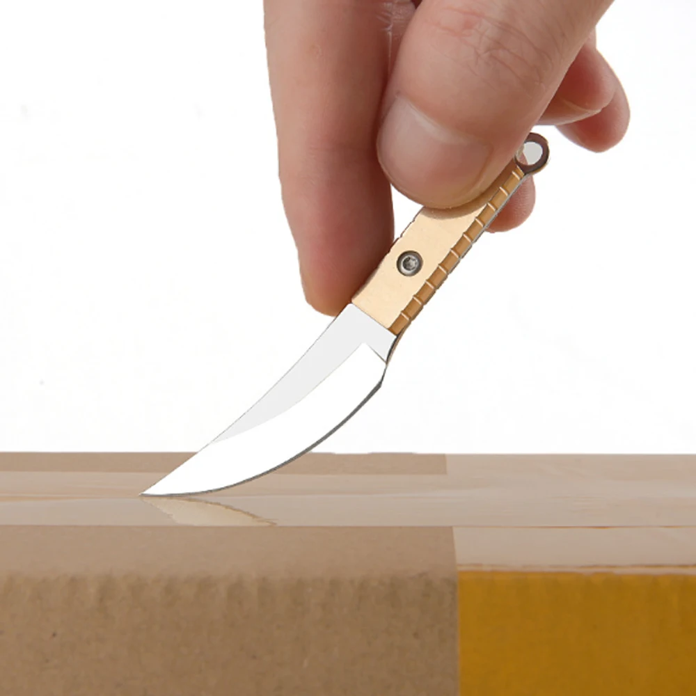 Mini stainless steel knife with brass handle, outdoor portable cutting, unboxing, keychain, knife with small leather case