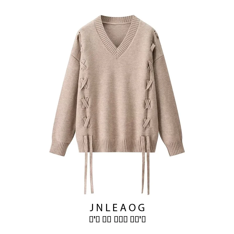 

JNLEAOG Autumn New Women's Faion Knitted Jaet Pure Color Tie Design Versatile Polyester Fiber Long Sve Zipper Closure