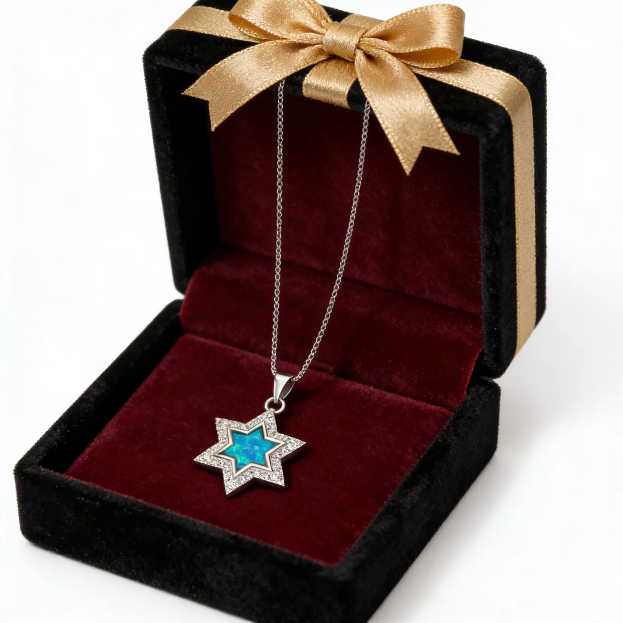 قلادة نجمة داود، قلادة أنيقة بسيطة مع أوبال أزرق و تشيكوسلوفاكيا، هدية مجوهرات فريدة للنساء، مجوهرات يهودية فضية اللون