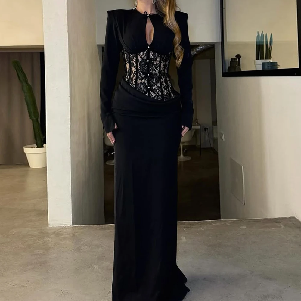 

Customized Straight Evening Dresses Floor-length O-neck Full Sleeve Prom Gown Simple Fashion Lace Pleat Casual Party Gown