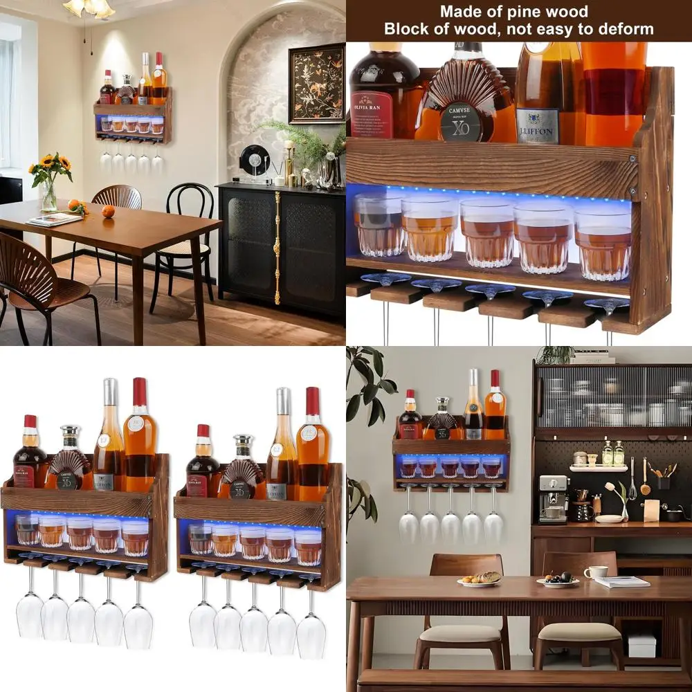 

Деревянная настенная полка для вина со светодиодной подсветкой и держателем для стекла для кухни и домашнего бара