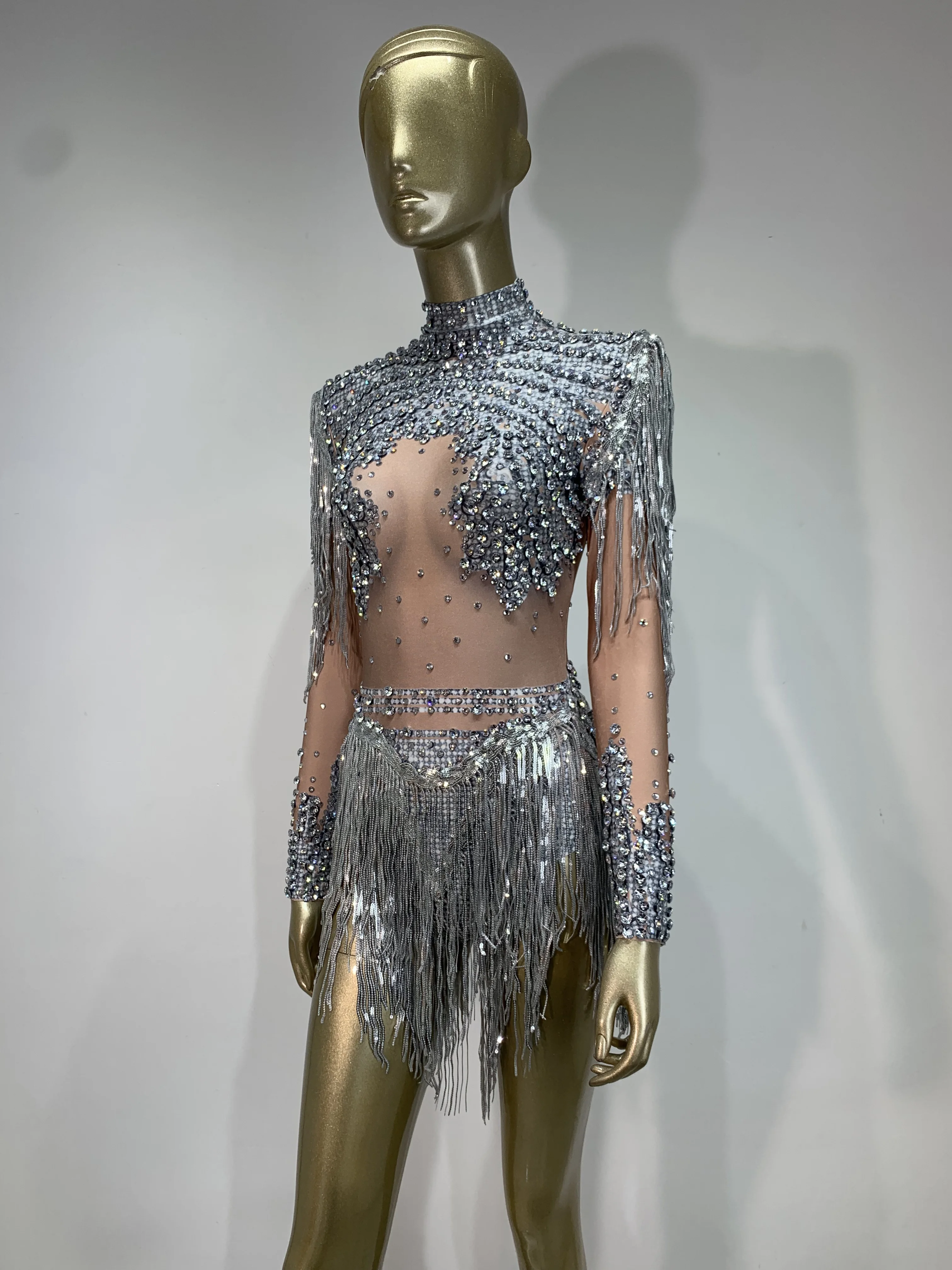 Damskie błyszczące body z dżetami, cekinami i frędzlami, elastyczne, nowość 2025, na przyjęcie urodzinowe, do klubu nocnego, na scenę DJ-a, kostium do występów.