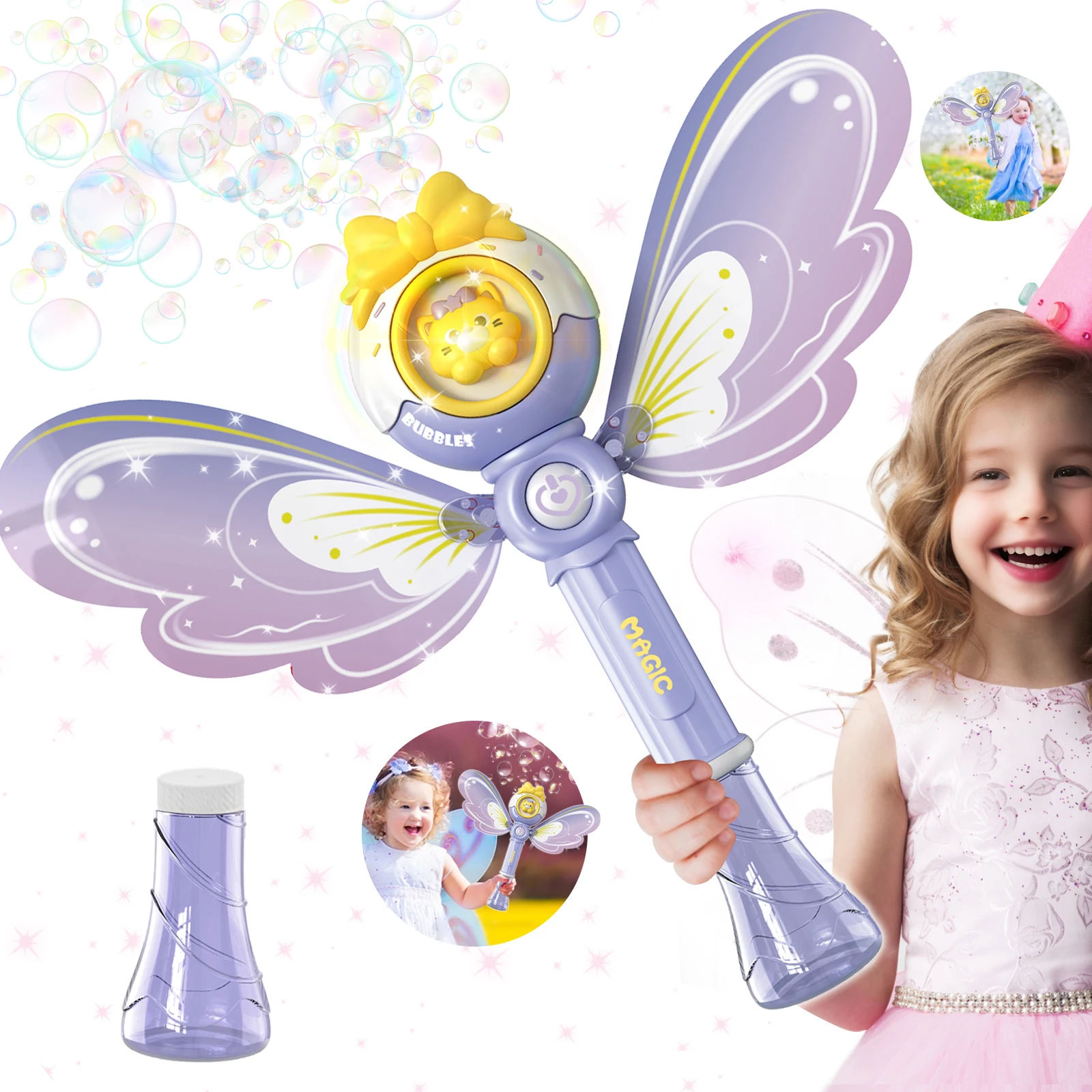 Bubble Blower Automatic Bubble Machine Fantasy LED Lights Outdoor Bubble Toy for 3 year+ old No Included Bubble Solution