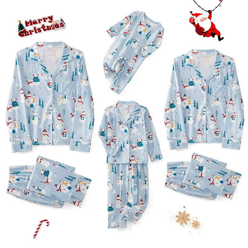 Matching Christmas Pajamas for Family Long Sleeve Snowman Print Shirt + Pants Set Loungewear