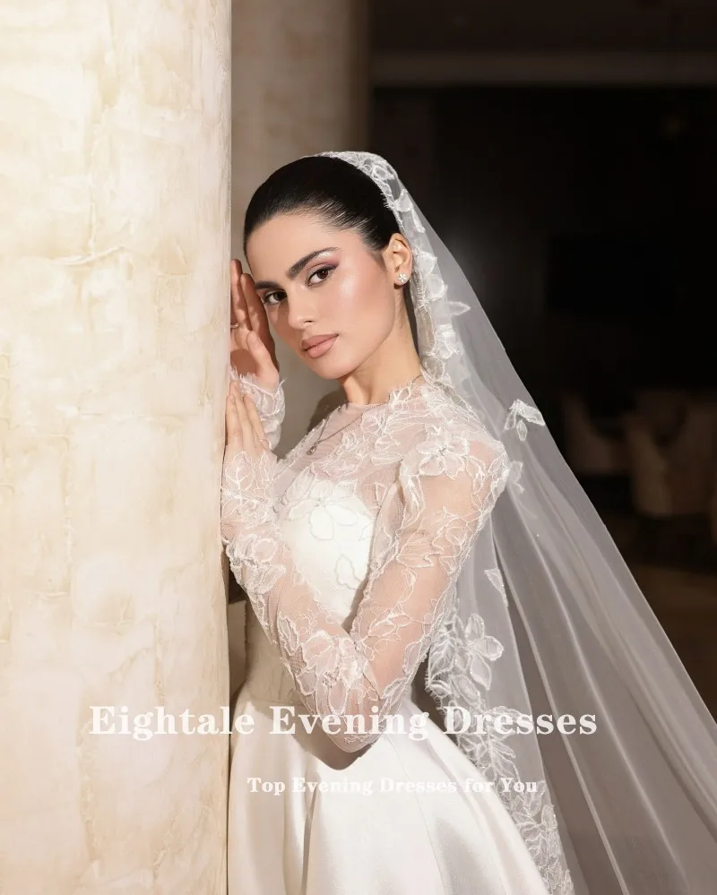 Eightale Arabic Wedding Dress Customized White Ivory A-Line Lace Long Sleeves  Muslim Satin Bridal Gown Robe De Mariée