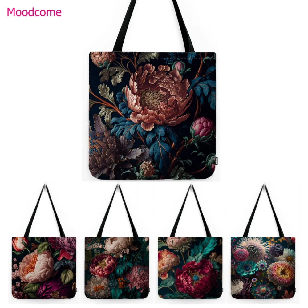 Royal Elegant Dark Color Flower Peony Rose Ikebana Art Water Resistant Linen Fashion Shoulder Bag  Floral Canvas Tote Bag